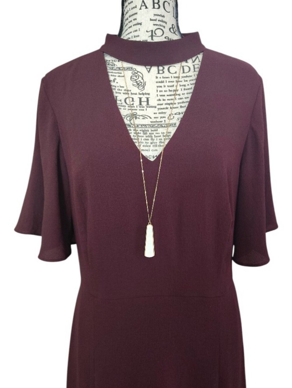Ann Taylor Burgundy Choker Neck Flutter Sleeve Midi Dress SZ 8 - Picture 3 of 10